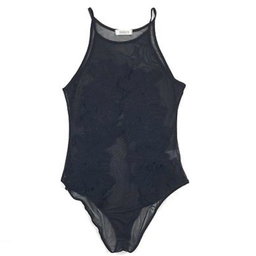 Amante Sheer Black Bodysuit with Floral Applique